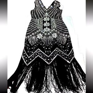 FLAPPER DRESS black silver, LACE fringe WRAP SET Sleeveless Long Sequined 1920s
